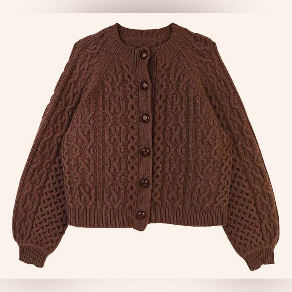 Meadows Quince Thick Cable Knit 100% Wool Cardigan Size US 6 Chocolate Brown - Picture 3 of 10